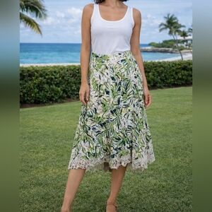Dana Buchman Women 100% Linen Palm Tropical Floral Midi Skirt Multicolor Size 8